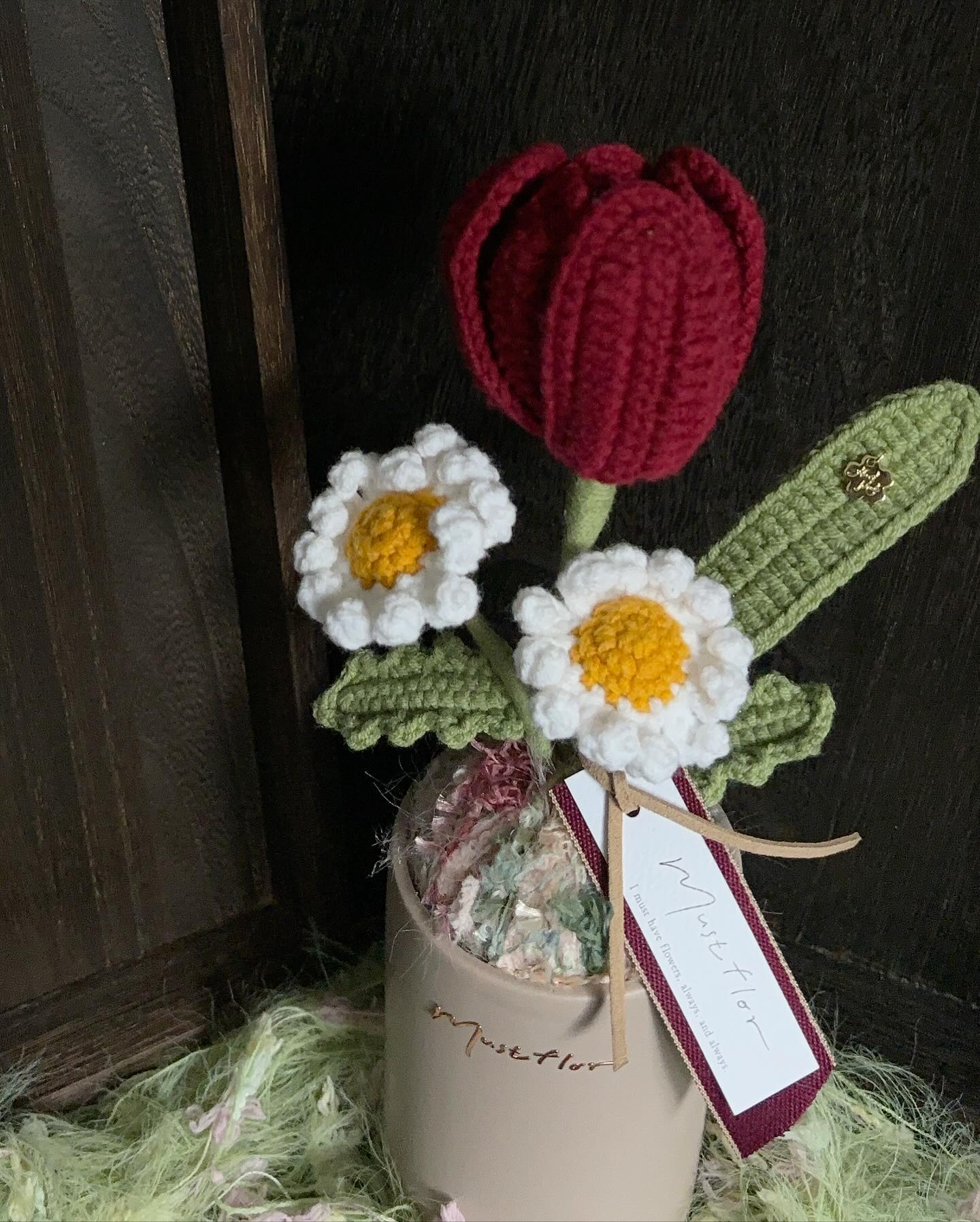 鬱金香與小雛菊盆花 - 勃根第酒紅 Tulip & Daisy - Burgundy Red