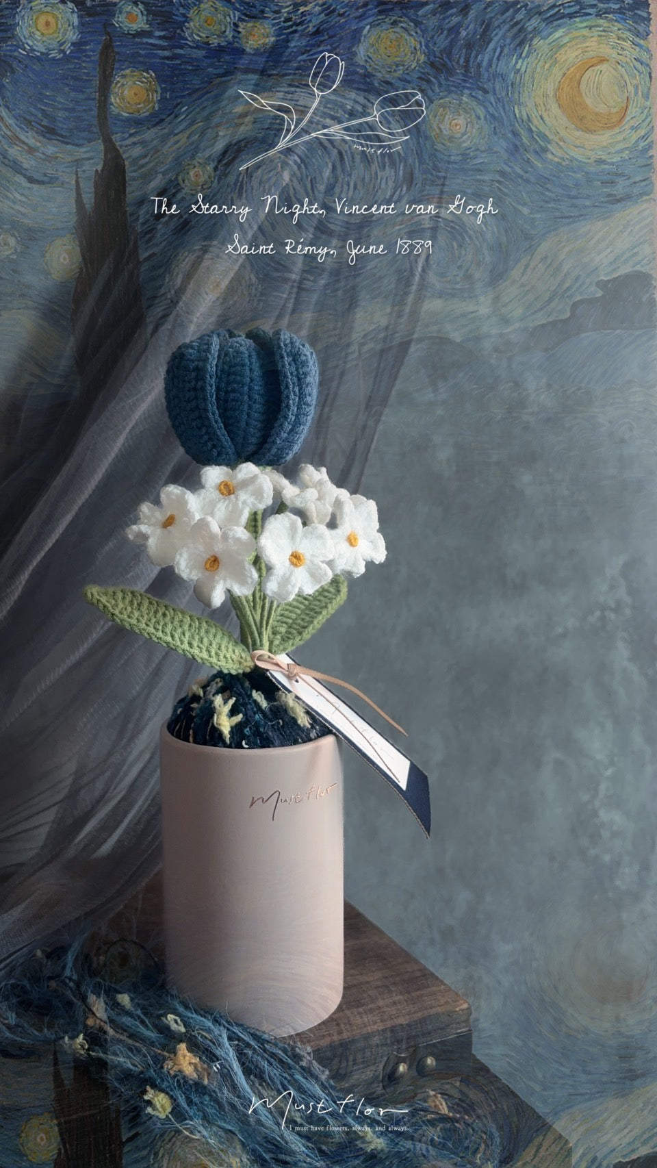鬱金香與勿忘我盆花 - 普魯士藍  Tulip & Forget me not - Prussian Blue