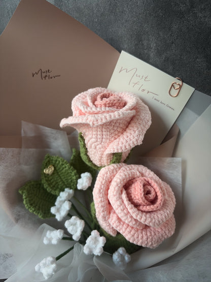 雙玫瑰滿天星花束-柔光粉｜Soft Glow